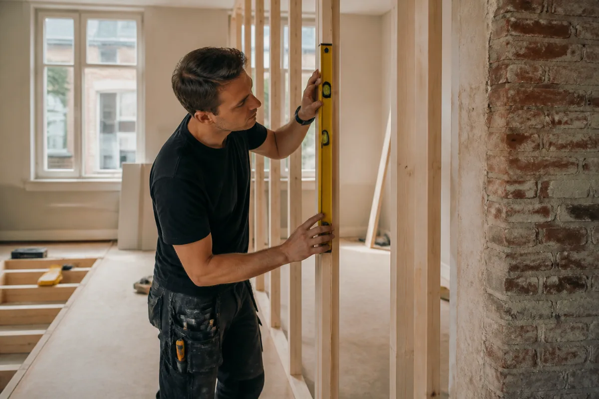 Vakman controleert de uitlijning van nieuw houten regelwerk tijdens een renovatie